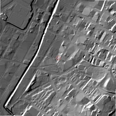 Shaded relief map of the ground around B120QX, computed from Environment Agency LiDAR. The ground here sits at about 105 m above sea level and falls 32 m across the surrounding 800 m. Surface water reaching this point runs off ground lying to the east-south-east, 24.7 m higher.
