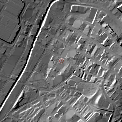 Shaded relief map of the ground around B120RT, computed from Environment Agency LiDAR. The ground here sits at about 108 m above sea level and falls 33 m across the surrounding 800 m. Surface water reaching this point runs off ground lying to the south-east, 5.5 m higher.