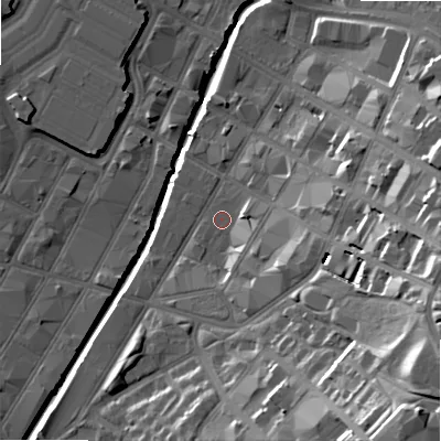 Shaded relief map of the ground around B120SD, computed from Environment Agency LiDAR. The ground here sits at about 104 m above sea level and falls 33 m across the surrounding 800 m. Surface water reaching this point runs off ground lying to the east-south-east, 22.2 m higher.