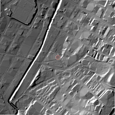 Shaded relief map of the ground around B120SH, computed from Environment Agency LiDAR. The ground here sits at about 105 m above sea level and falls 32 m across the surrounding 800 m. Surface water reaching this point runs off ground lying to the east-south-east, 22.0 m higher.