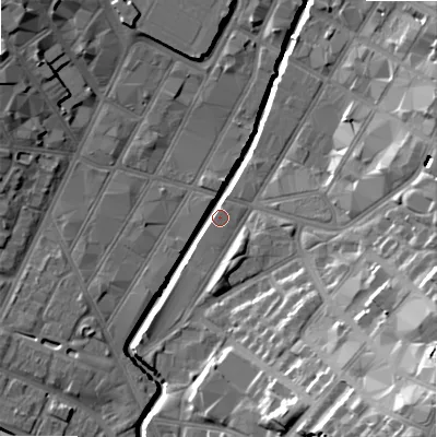 Shaded relief map of the ground around B120SJ, computed from Environment Agency LiDAR. The ground here sits at about 105 m above sea level and falls 30 m across the surrounding 800 m. Surface water reaching this point runs off ground lying to the south-east, 29.5 m higher.