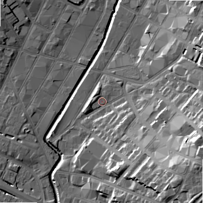 Shaded relief map of the ground around B120SQ, computed from Environment Agency LiDAR. The ground here sits at about 106 m above sea level and falls 31 m across the surrounding 800 m. Surface water reaching this point runs off ground lying to the south-east, 24.3 m higher.