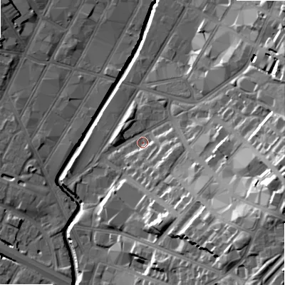 Shaded relief map of the ground around B120SS, computed from Environment Agency LiDAR. The ground here sits at about 106 m above sea level and falls 32 m across the surrounding 800 m. Surface water reaching this point runs off ground lying to the east-south-east, 24.8 m higher.