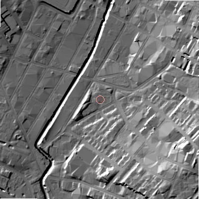 Shaded relief map of the ground around B120ST, computed from Environment Agency LiDAR. The ground here sits at about 106 m above sea level and falls 32 m across the surrounding 800 m. Surface water reaching this point runs off ground lying to the south-west, 0.5 m higher.