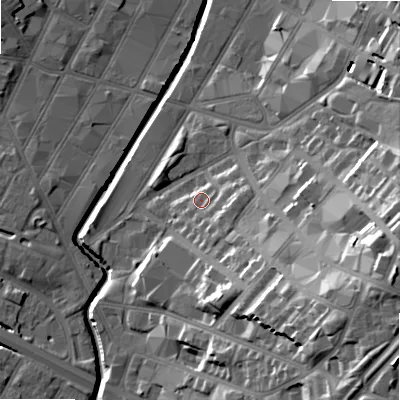 Shaded relief map of the ground around B120SU, computed from Environment Agency LiDAR. The ground here sits at about 108 m above sea level and falls 32 m across the surrounding 800 m. Surface water reaching this point runs off ground lying to the south-south-east, 3.2 m higher.