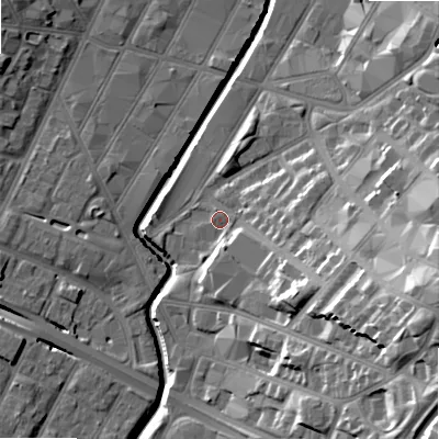 Shaded relief map of the ground around B120UU, computed from Environment Agency LiDAR. The ground here sits at about 106 m above sea level and falls 30 m across the surrounding 800 m. Surface water reaching this point runs off ground lying to the east-south-east, 23.3 m higher.