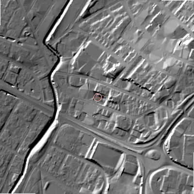 Shaded relief map of the ground around B120XR, computed from Environment Agency LiDAR. The ground here sits at about 109 m above sea level and falls 30 m across the surrounding 800 m. Surface water reaching this point runs off ground lying to the east, 13.7 m higher.