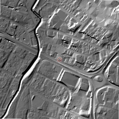 Shaded relief map of the ground around B120XS, computed from Environment Agency LiDAR. The ground here sits at about 109 m above sea level and falls 29 m across the surrounding 800 m. Surface water reaching this point runs off ground lying to the east-north-east, 22.5 m higher.