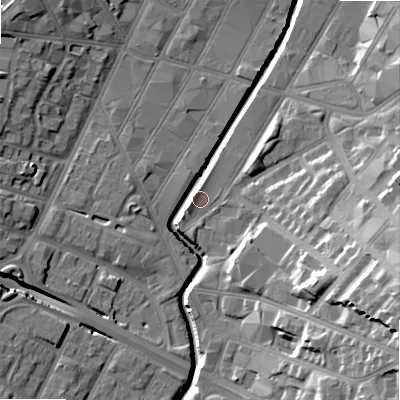 Shaded relief map of the ground around B120YN, computed from Environment Agency LiDAR. The ground here sits at about 106 m above sea level and falls 26 m across the surrounding 800 m. Surface water reaching this point runs off ground lying to the south-east, 24.1 m higher.