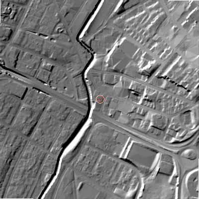 Shaded relief map of the ground around B120YR, computed from Environment Agency LiDAR. The ground here sits at about 106 m above sea level and falls 27 m across the surrounding 800 m. Surface water reaching this point runs off ground lying to the east, 16.9 m higher.