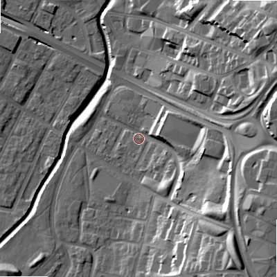 Shaded relief map of the ground around B129DP, computed from Environment Agency LiDAR. The ground here sits at about 108 m above sea level and falls 28 m across the surrounding 800 m. Surface water reaching this point runs off ground lying to the south-east, 22.5 m higher.