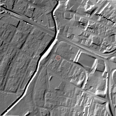 Shaded relief map of the ground around B129DW, computed from Environment Agency LiDAR. The ground here sits at about 107 m above sea level and falls 28 m across the surrounding 800 m. Surface water reaching this point runs off ground lying to the south-east, 22.9 m higher.