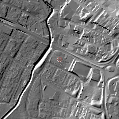 Shaded relief map of the ground around B129ED, computed from Environment Agency LiDAR. The ground here sits at about 107 m above sea level and falls 28 m across the surrounding 800 m. Surface water reaching this point runs off ground lying to the east-north-east, 1.3 m higher.