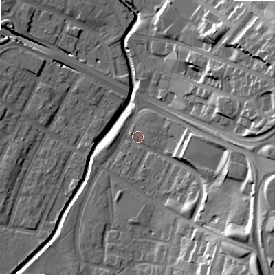 Shaded relief map of the ground around B129EE, computed from Environment Agency LiDAR. The ground here sits at about 107 m above sea level and falls 28 m across the surrounding 800 m. Surface water reaching this point runs off ground lying to the south-east, 22.8 m higher.