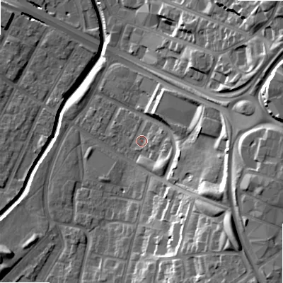 Shaded relief map of the ground around B129EF, computed from Environment Agency LiDAR. The ground here sits at about 108 m above sea level and falls 28 m across the surrounding 800 m. Surface water reaching this point runs off ground lying to the east-north-east, 2.1 m higher.