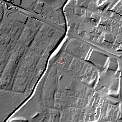 Shaded relief map of the ground around B129EG, computed from Environment Agency LiDAR. The ground here sits at about 107 m above sea level and falls 27 m across the surrounding 800 m. Surface water reaching this point runs off ground lying to the south-east, 21.8 m higher.