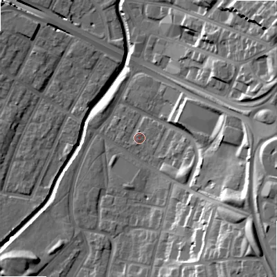 Shaded relief map of the ground around B129EH, computed from Environment Agency LiDAR. The ground here sits at about 108 m above sea level and falls 28 m across the surrounding 800 m. Surface water reaching this point runs off ground lying to the south-east, 6.4 m higher.