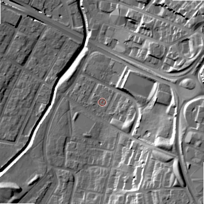 Shaded relief map of the ground around B129EQ, computed from Environment Agency LiDAR. The ground here sits at about 108 m above sea level and falls 28 m across the surrounding 800 m. Surface water reaching this point runs off ground lying to the south-east, 6.1 m higher.