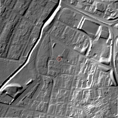 Shaded relief map of the ground around B129HA, computed from Environment Agency LiDAR. The ground here sits at about 109 m above sea level and falls 28 m across the surrounding 800 m. Surface water reaching this point runs off ground lying to the south-east, 22.1 m higher.