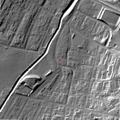 Shaded relief map of the ground around B129HD, computed from Environment Agency LiDAR. The ground here sits at about 108 m above sea level and falls 25 m across the surrounding 800 m. The ground contributing surface water to this point lies to the south-south-west.