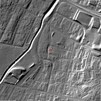 Shaded relief map of the ground around B129HF, computed from Environment Agency LiDAR. The ground here sits at about 108 m above sea level and falls 26 m across the surrounding 800 m. Surface water reaching this point runs off ground lying to the south-east, 20.7 m higher.