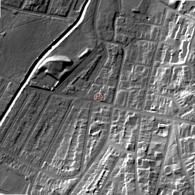 Shaded relief map of the ground around B129LB, computed from Environment Agency LiDAR. The ground here sits at about 110 m above sea level and falls 30 m across the surrounding 800 m. Surface water reaching this point runs off ground lying to the south-south-east, 11.8 m higher.