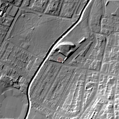 Shaded relief map of the ground around B129LF, computed from Environment Agency LiDAR. The ground here sits at about 109 m above sea level and falls 25 m across the surrounding 800 m. Surface water reaching this point runs off ground lying to the north-north-east, 4.7 m higher.