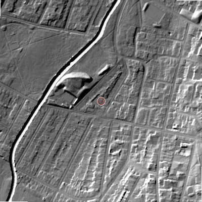 Shaded relief map of the ground around B129LG, computed from Environment Agency LiDAR. The ground here sits at about 108 m above sea level and falls 27 m across the surrounding 800 m. Surface water reaching this point runs off ground lying to the south-south-east, 19.7 m higher.
