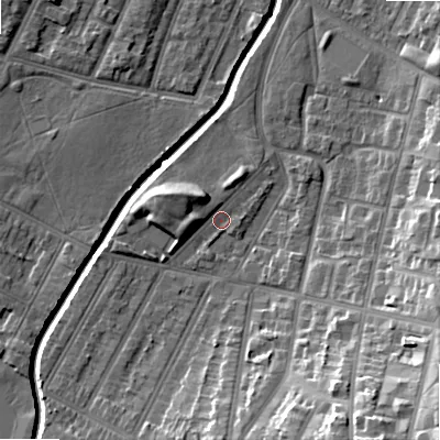 Shaded relief map of the ground around B129LJ, computed from Environment Agency LiDAR. The ground here sits at about 109 m above sea level and falls 25 m across the surrounding 800 m. Surface water reaching this point runs off ground lying to the south-south-east, 16.6 m higher.