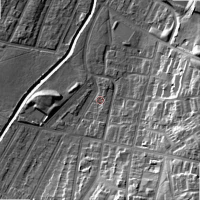 Shaded relief map of the ground around B129LN, computed from Environment Agency LiDAR. The ground here sits at about 108 m above sea level and falls 29 m across the surrounding 800 m. Surface water reaching this point runs off ground lying to the south, 16.5 m higher.