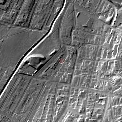 Shaded relief map of the ground around B129LQ, computed from Environment Agency LiDAR. The ground here sits at about 108 m above sea level and falls 27 m across the surrounding 800 m. Surface water reaching this point runs off ground lying to the south-south-east, 16.6 m higher.
