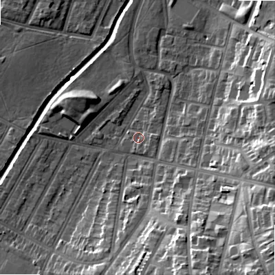 Shaded relief map of the ground around B129LW, computed from Environment Agency LiDAR. The ground here sits at about 109 m above sea level and falls 29 m across the surrounding 800 m. Surface water reaching this point runs off ground lying to the south-south-east, 2.3 m higher.