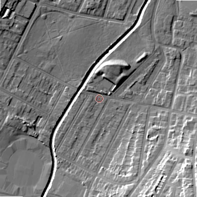 Shaded relief map of the ground around B129LZ, computed from Environment Agency LiDAR. The ground here sits at about 109 m above sea level and falls 26 m across the surrounding 800 m. Surface water reaching this point runs off ground lying to the south-west, 1.8 m higher.