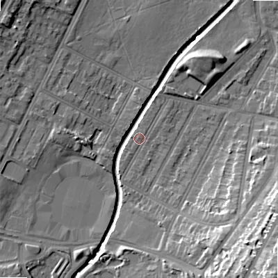 Shaded relief map of the ground around B129NA, computed from Environment Agency LiDAR. The ground here sits at about 110 m above sea level and falls 27 m across the surrounding 800 m. Surface water reaching this point runs off ground lying to the south-south-west, 0.8 m higher.