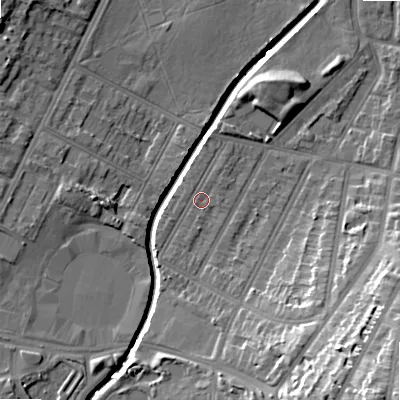 Shaded relief map of the ground around B129NB, computed from Environment Agency LiDAR. The ground here sits at about 109 m above sea level and falls 27 m across the surrounding 800 m. Surface water reaching this point runs off ground lying to the south-south-west, 0.8 m higher.