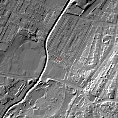 Shaded relief map of the ground around B129ND, computed from Environment Agency LiDAR. The ground here sits at about 110 m above sea level and falls 28 m across the surrounding 800 m. Surface water reaching this point runs off ground lying to the south-east, 7.4 m higher.