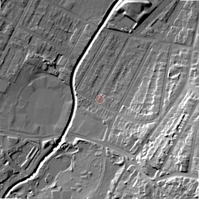 Shaded relief map of the ground around B129NE, computed from Environment Agency LiDAR. The ground here sits at about 110 m above sea level and falls 30 m across the surrounding 800 m. Surface water reaching this point runs off ground lying to the south-east, 7.6 m higher.