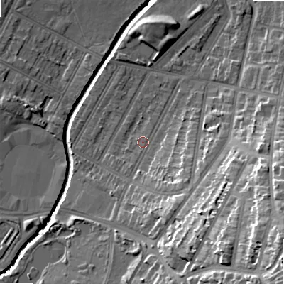 Shaded relief map of the ground around B129NJ, computed from Environment Agency LiDAR. The ground here sits at about 110 m above sea level and falls 32 m across the surrounding 800 m. Surface water reaching this point runs off ground lying to the south-south-east, 9.7 m higher.