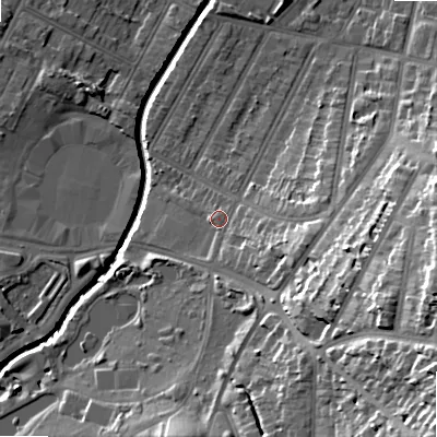 Shaded relief map of the ground around B129NL, computed from Environment Agency LiDAR. The ground here sits at about 112 m above sea level and falls 33 m across the surrounding 800 m. Surface water reaching this point runs off ground lying to the east-south-east, 5.4 m higher.