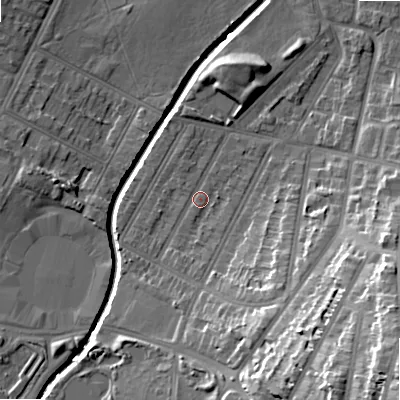 Shaded relief map of the ground around B129NQ, computed from Environment Agency LiDAR. The ground here sits at about 109 m above sea level and falls 30 m across the surrounding 800 m. Surface water reaching this point runs off ground lying to the south-south-east, 8.3 m higher.