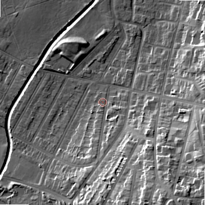 Shaded relief map of the ground around B129NT, computed from Environment Agency LiDAR. The ground here sits at about 110 m above sea level and falls 31 m across the surrounding 800 m. Surface water reaching this point runs off ground lying to the south, 20.4 m higher.