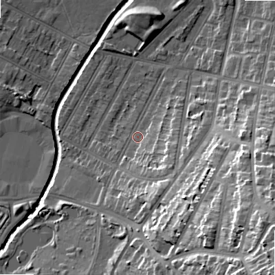 Shaded relief map of the ground around B129NW, computed from Environment Agency LiDAR. The ground here sits at about 110 m above sea level and falls 35 m across the surrounding 800 m. Surface water reaching this point runs off ground lying to the south-south-east, 9.7 m higher.