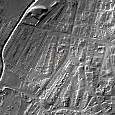 Shaded relief map of the ground around B129NX, computed from Environment Agency LiDAR. The ground here sits at about 113 m above sea level and falls 35 m across the surrounding 800 m. Surface water reaching this point runs off ground lying to the south, 18.7 m higher.