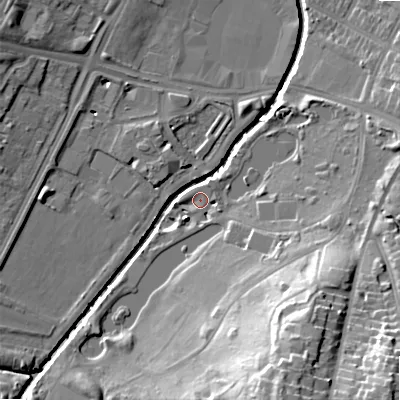 Shaded relief map of the ground around B129QH, computed from Environment Agency LiDAR. The ground here sits at about 111 m above sea level and falls 29 m across the surrounding 800 m. Surface water reaching this point runs off ground lying to the south-west, 3.2 m higher.