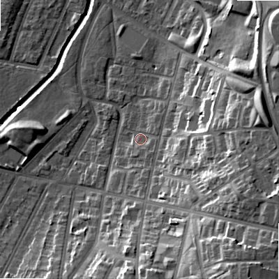 Shaded relief map of the ground around B129SY, computed from Environment Agency LiDAR. The ground here sits at about 110 m above sea level and falls 29 m across the surrounding 800 m. Surface water reaching this point runs off ground lying to the south-east, 21.5 m higher.