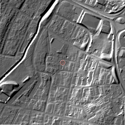 Shaded relief map of the ground around B129TA, computed from Environment Agency LiDAR. The ground here sits at about 108 m above sea level and falls 28 m across the surrounding 800 m. Surface water reaching this point runs off ground lying to the south-east, 22.0 m higher.