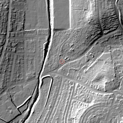 Shaded relief map of the ground around B138QS, computed from Environment Agency LiDAR. The ground here sits at about 119 m above sea level and falls 29 m across the surrounding 800 m. Surface water reaching this point runs off ground lying to the north-east, 23.7 m higher.