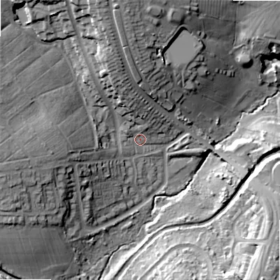 Shaded relief map of the ground around B145AL, computed from Environment Agency LiDAR. The ground here sits at about 139 m above sea level and falls 28 m across the surrounding 800 m. Surface water reaching this point runs off ground lying to the north, 9.6 m higher.