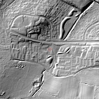 Shaded relief map of the ground around B145PP, computed from Environment Agency LiDAR. The ground here sits at about 147 m above sea level and falls 22 m across the surrounding 800 m. Surface water reaching this point runs off ground lying to the west-south-west, 10.8 m higher.
