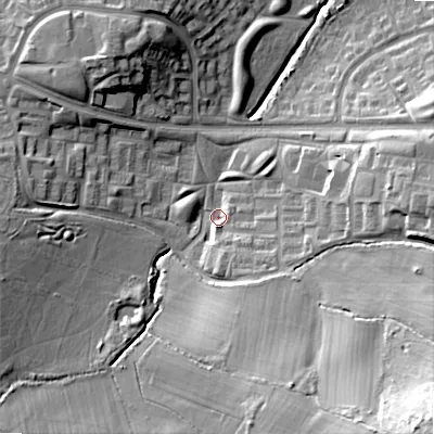 Shaded relief map of the ground around B145PS, computed from Environment Agency LiDAR. The ground here sits at about 147 m above sea level and falls 33 m across the surrounding 800 m. Surface water reaching this point runs off ground lying to the south-south-east, 19.5 m higher.